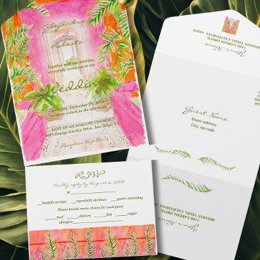 watercolor rustic tropical pink coral wedding all in one invitation