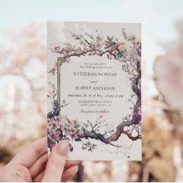 Small Watercolor Sakura Cherry Flower Wedding Invitation Front View