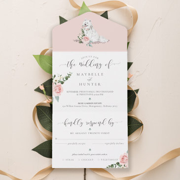 watercolor samoyed dog & floral pink rose flowers all in one invitation