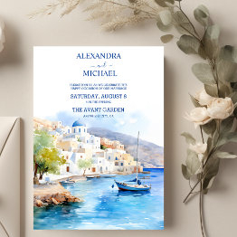 Small Watercolor Santorini Destination Wedding Invitation Front View