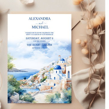 watercolor santorini greece skyline wedding invitation
