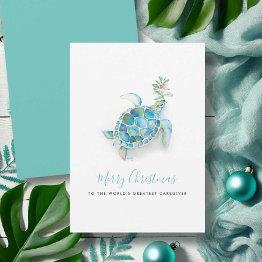 Small Watercolor Sea Turtle Christmas Caregiver Invitations Front View