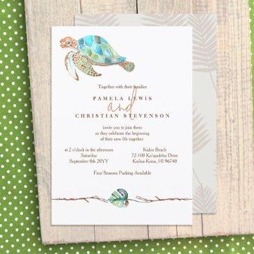 watercolor sea turtle & monstera leaf wedding invitation