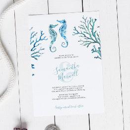 Small Watercolor Seahorse Wedding Invite Printing Front View