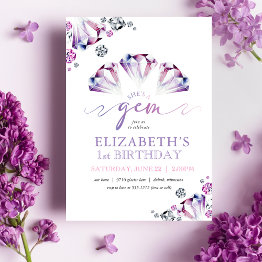 Small Watercolor She's A Gem First Birthday Invitation Front View