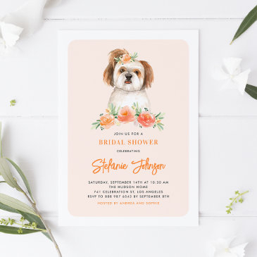 watercolor shih tzu and peach flowers dog birthday invitation
