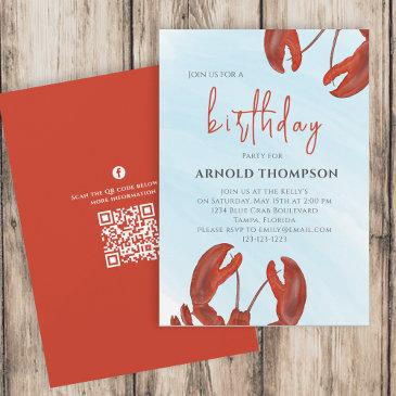 watercolor simple birthday red lobster qr code invitation