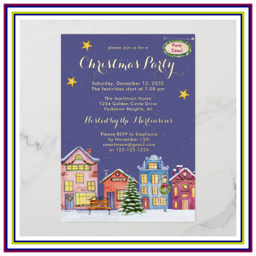 watercolor snow village christmas party foil invitation