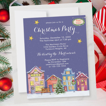 watercolor snow village christmas party invitation