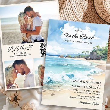 watercolor summer beach photo wedding rsvp & invitation