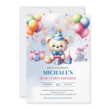 watercolor teddy bear candy bear-y first birthday invitation