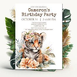 Small Watercolor Tiger In Flowers Birthday Party Invitation Front View