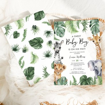 watercolor tropical jungle safari boy baby shower invitation