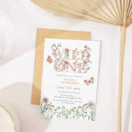 Small Watercolor Wild One Wildflower 1st Birthday Invitation Front View