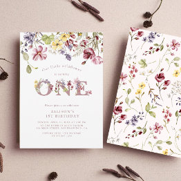 Small Watercolor Wildflower 1st Birthday Mauve Girl Invitation Front View