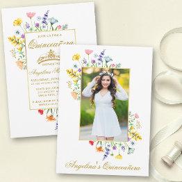 Small Watercolor Wildflowers Photo Quinceanera Gold Invitation Front View