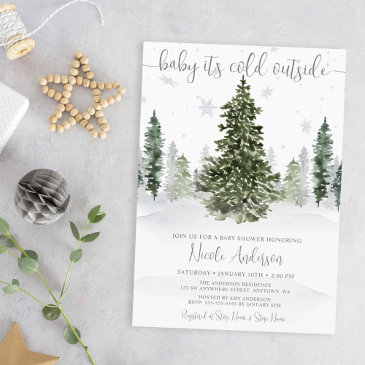 watercolor winter forest gray baby shower invitation