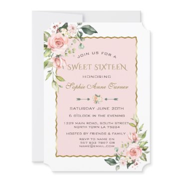 watercolour pink blush flowers gold sweet 16 invitation