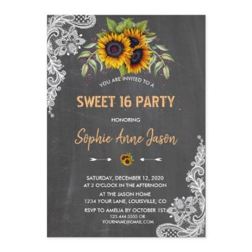 watercolour sunflowers chalkboard sweet sixteen invitation