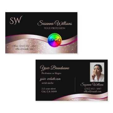 wavy rose gold decor black logo monogram and photo business invitations