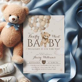 Small We Can Bearly Wait Balloon Bear Baby Shower Invitation Front View