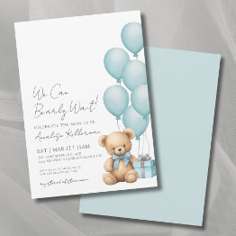 Small We Can Bearly Wait Blue Bear Baby Shower Invitation Front View