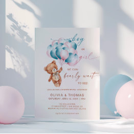 Small We Can Bearly Wait Gender Reveal Bear Balloon Invitation Front View