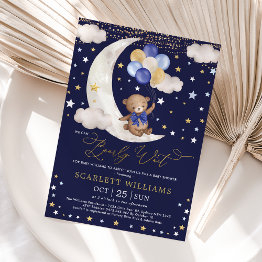 Small We Can Bearly Wait Navy Gold Bear Baby Boy Shower Invitation Front View