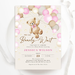 Small We Can Bearly Wait Teddy Bear Baby Girl Shower Invitation Front View