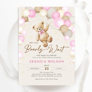 we can bearly wait teddy bear baby girl shower invitation