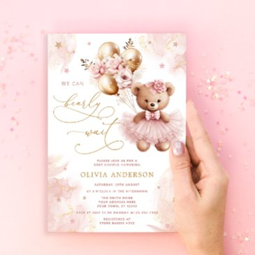 we can bearly wait teddy bear girl baby shower invitation