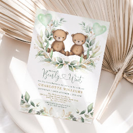 Small We Can Bearly Wait Twins Teddy Bear Baby Shower Invitation Front View