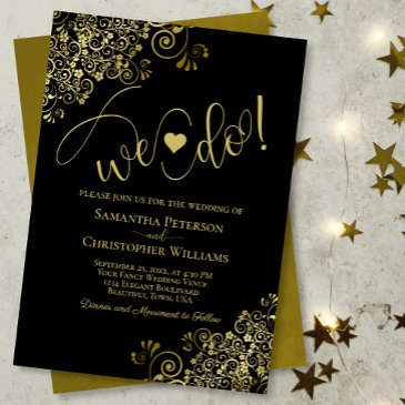 we do! elegant frilly black & gold wedding invitation
