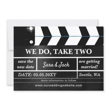 we do take two movie clapboard wedding postponed save the date