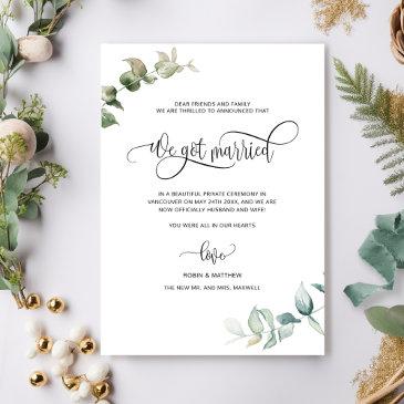 we got married, foliage greenery married wedding announcement