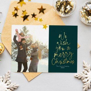 we wish you a merry christmas green fun type photo foil holiday invitations