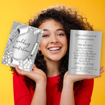 wedding 3d effect elegant gray silver glitter invitation