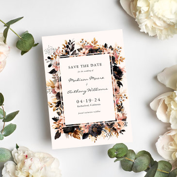 wedding black & gold floral save the date invitations