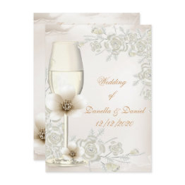 Small Wedding Cream Sepia Champagne Glass Flowers Invitation Front View