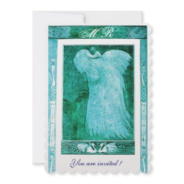 wedding love peacock monogram blue white peari invitation