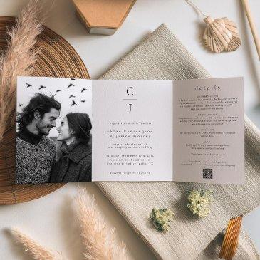 wedding monogram modern black white photo qr code tri-fold invitation