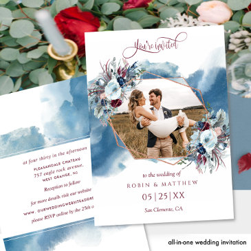 wedding photo blue purple burgundy watercolor invitation