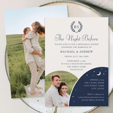 wedding rehearsal dinner monogram photo navy cream invitation