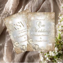 Small Wedding Silver Beige Cream Pearl Bow Snowflake Invitation Front View