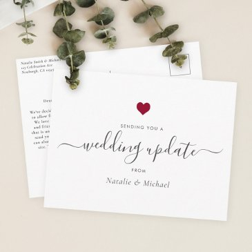 wedding update postponed elegant script red heart postinvitations