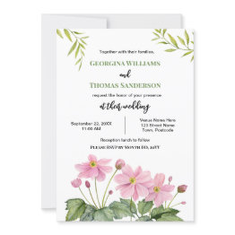 Small Wedding Watercolor Pink Japanese Anemone Invitation Front View