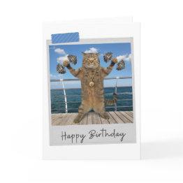Small Weightlifter Cat Funny Birthday Invitations Front View