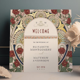 Small Welcome Sign Bougainvillea Burgundy Gold Wedding Front View