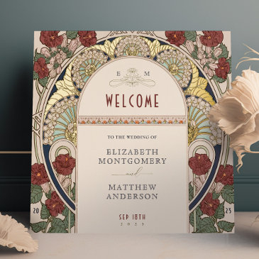 welcome sign bougainvillea burgundy gold wedding