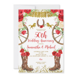 Small Western Bright Red Floral 50th Wedding Anniversary Invitation Front View